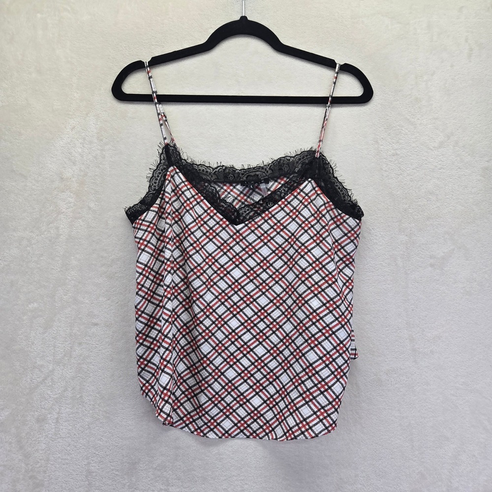 1.STATE Womens Plaid Lace Trim Camisole Top‎ Red White Black Large Y2K Sleep